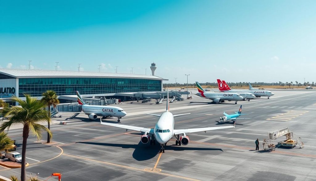 Abeid Amani Karume International Airport in Zanzibar with planes on the tarmac and the terminal building