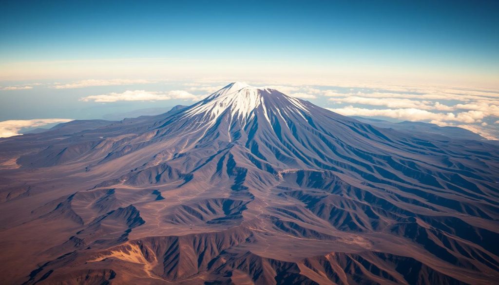 Aerial view of Mount Kilimanjaro showing the trekking route to the summit with different climate zones visible