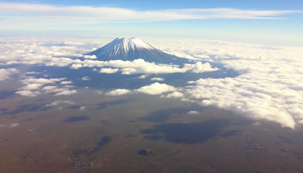 Aerial view of Mt Kilimanjaro rising above the clouds in Tanzania, East Africa