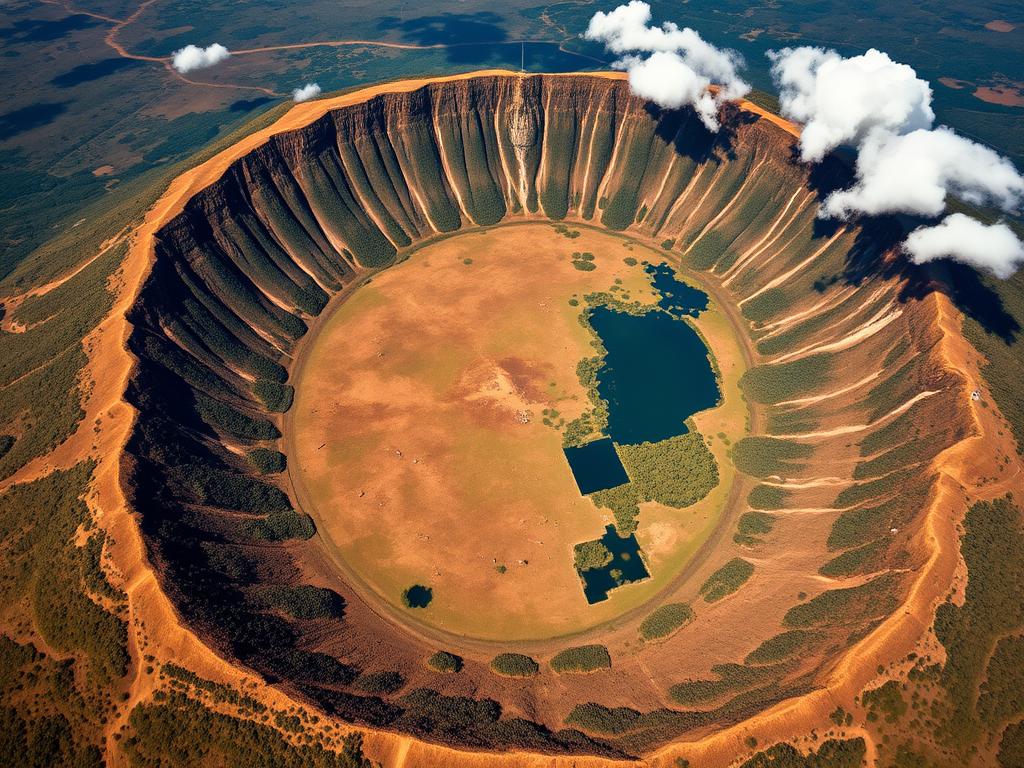 Aerial view of Ngorongoro Crater showing the caldera floor with wildlife
