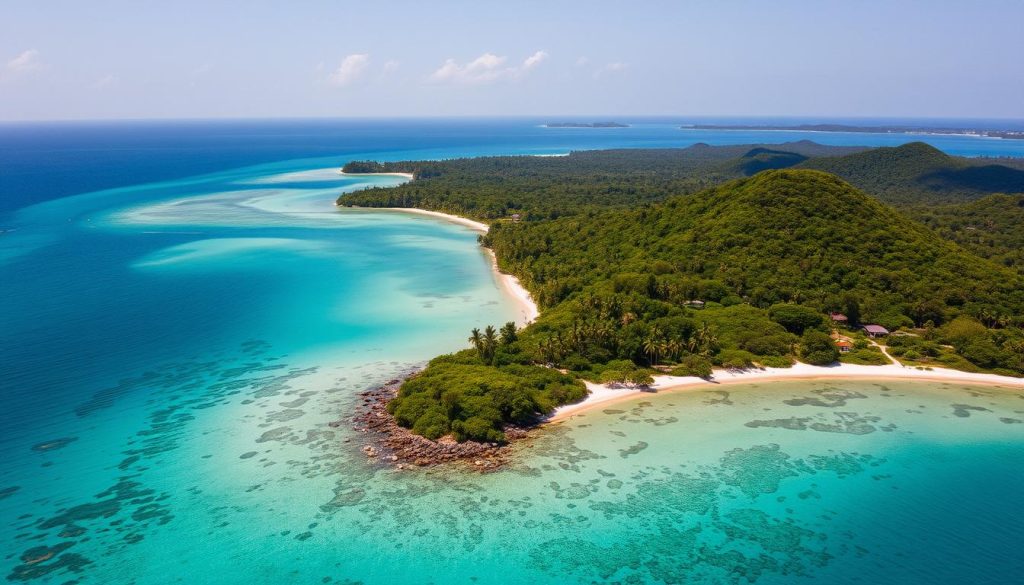 Aerial view of Pemba Island showing lush green landscape and turquoise waters