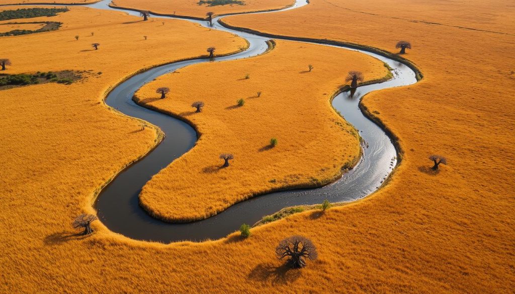 Aerial view of Tarangire National Park showing the winding Tarangire River cutting through savannah with scattered baobab trees