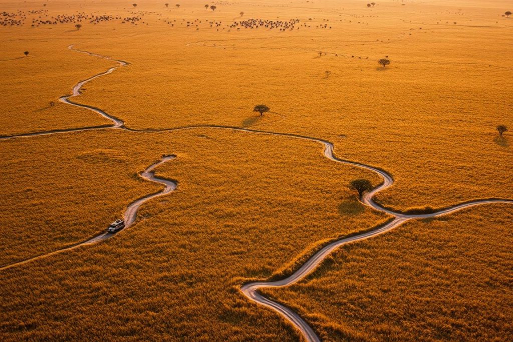 Aerial view of the Serengeti plains during a Tanzania adventure safari