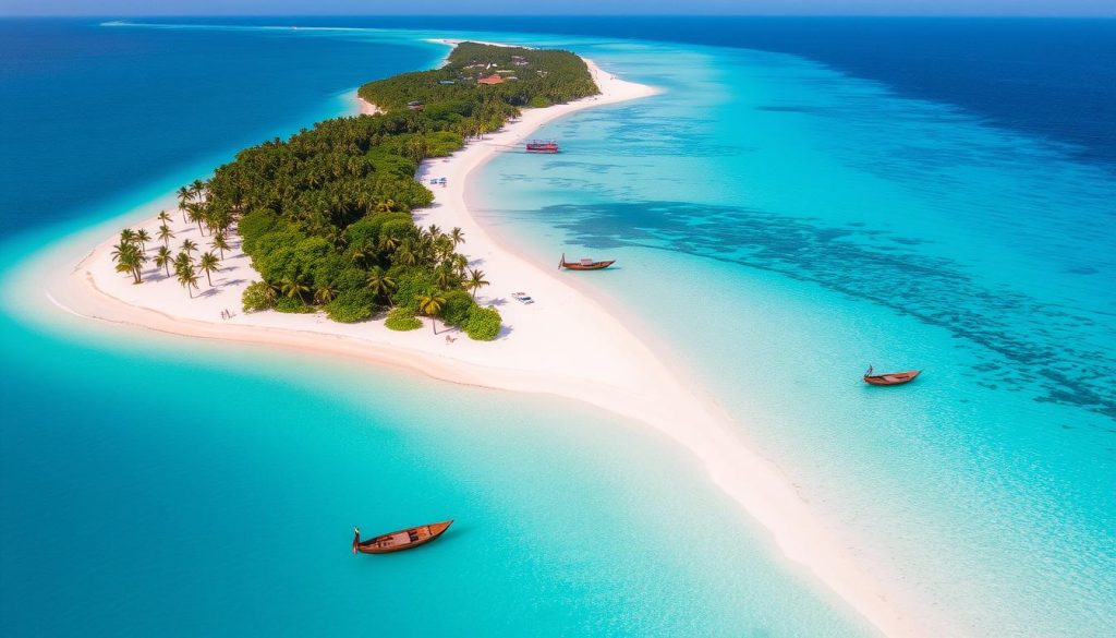 Aerial view of turquoise waters and white sand beaches in Zanzibar, Tanzania