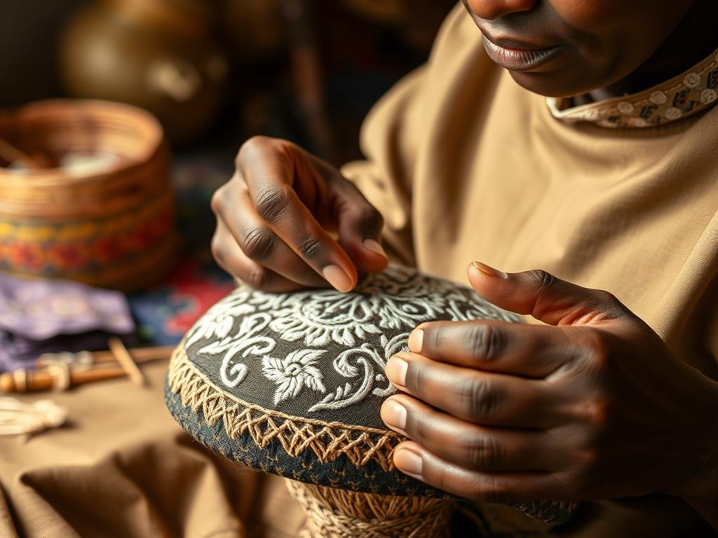 Artisan creating traditional embroidery for Zanzibar clothing in a workshop