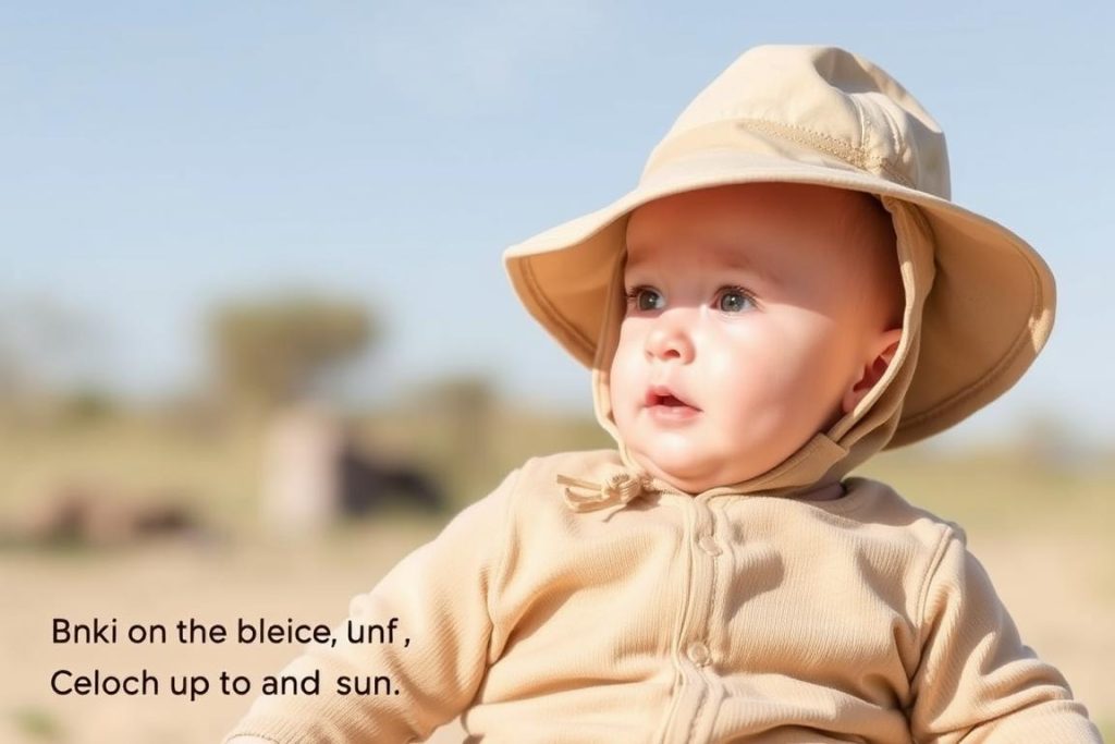 Baby wearing safari-appropriate clothing with sun protection