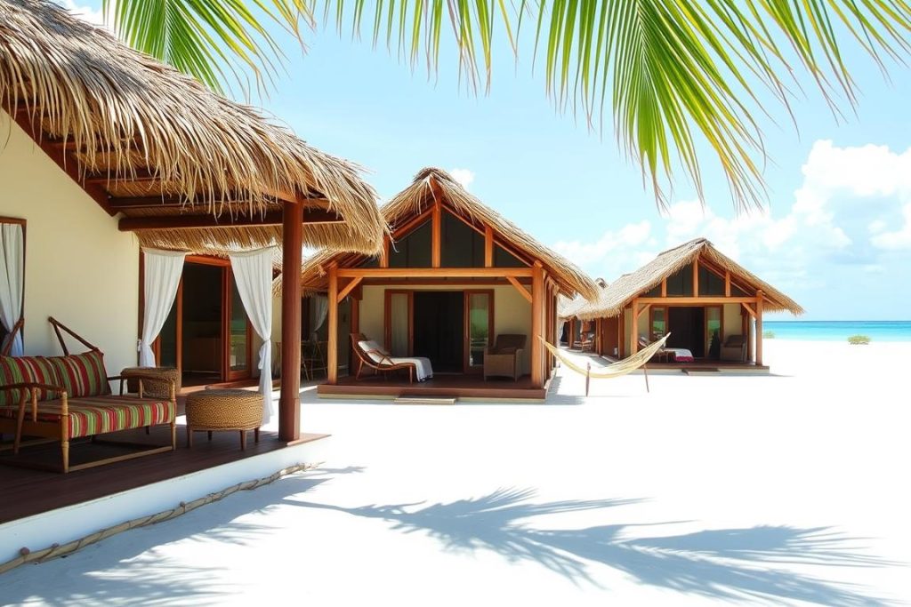 Beachfront bungalows on Zanzibar's east coast with traditional architecture and ocean views
