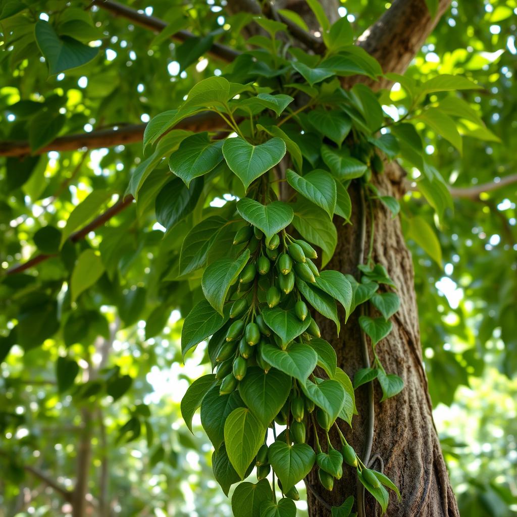 Black pepper vines climbing trees on a Zanzibar plantation