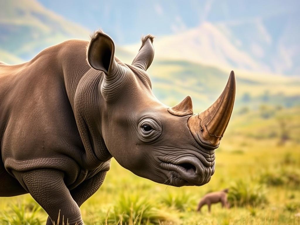 Black rhino in Ngorongoro Crater with crater wall backdrop