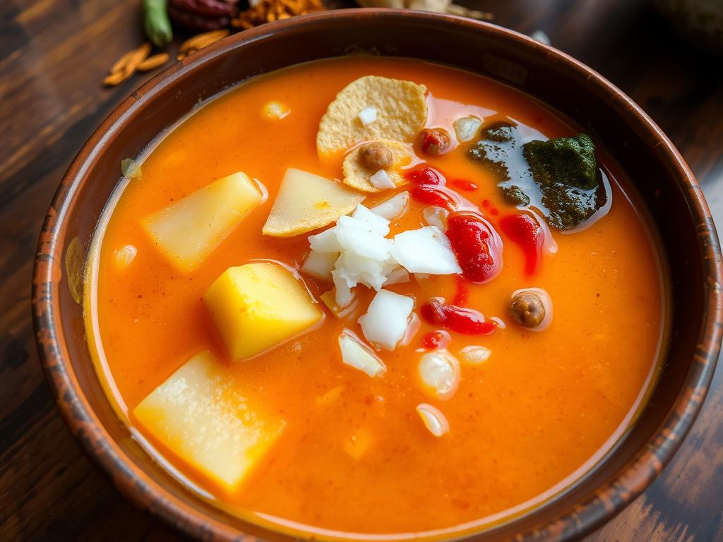 Bowl of vibrant orange Urojo soup with various toppings including potato, cassava, and chili