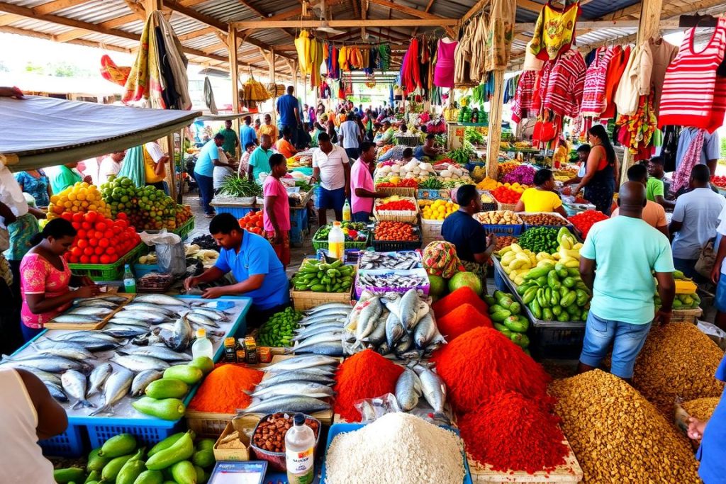 Bustling Darajani Market in Stone Town with fresh produce and seafood