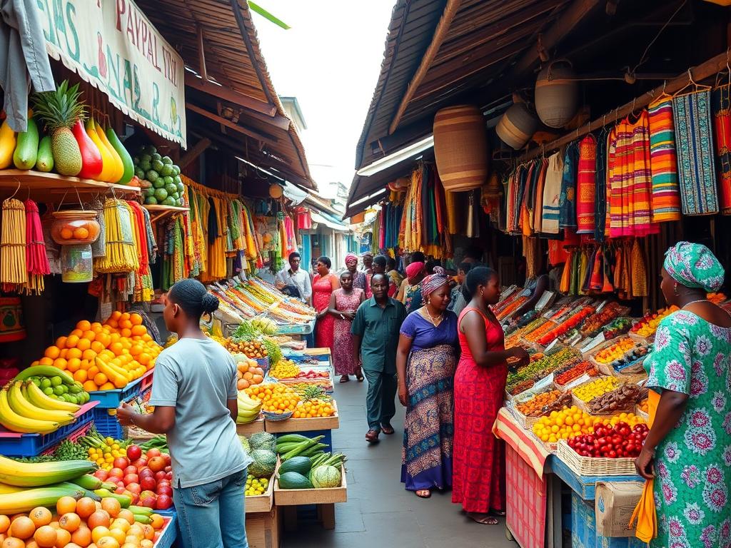 Bustling central market in Tanga with colorful displays of local produce, spices, and crafts