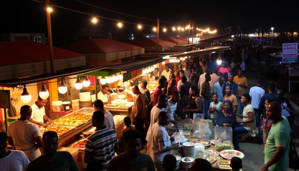 Bustling night market at Forodhani Gardens with food stalls and local vendors
