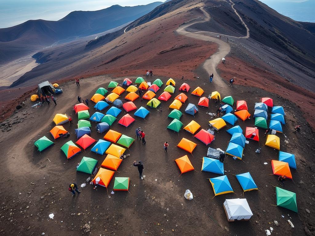 Busy campsite on the Machame Route of Mt Kilimanjaro during high season
