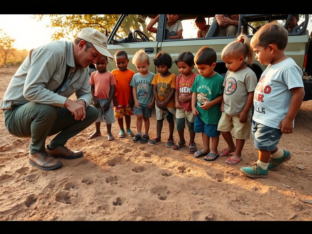 Children learning from safari guide in Tanzania