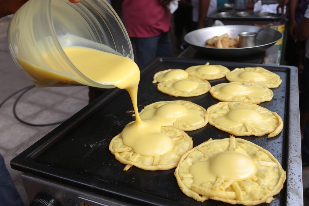 Chips Mayai (French fry omelette) being prepared on a hot griddle