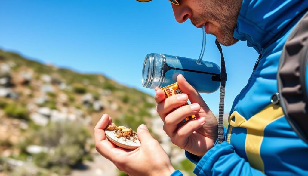 Climber staying hydrated and consuming energy-rich foods during a Kilimanjaro training hike