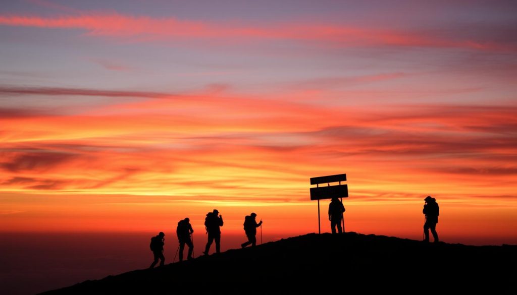 Climbers approaching Uhuru Peak, the summit of Mount Kilimanjaro at sunrise