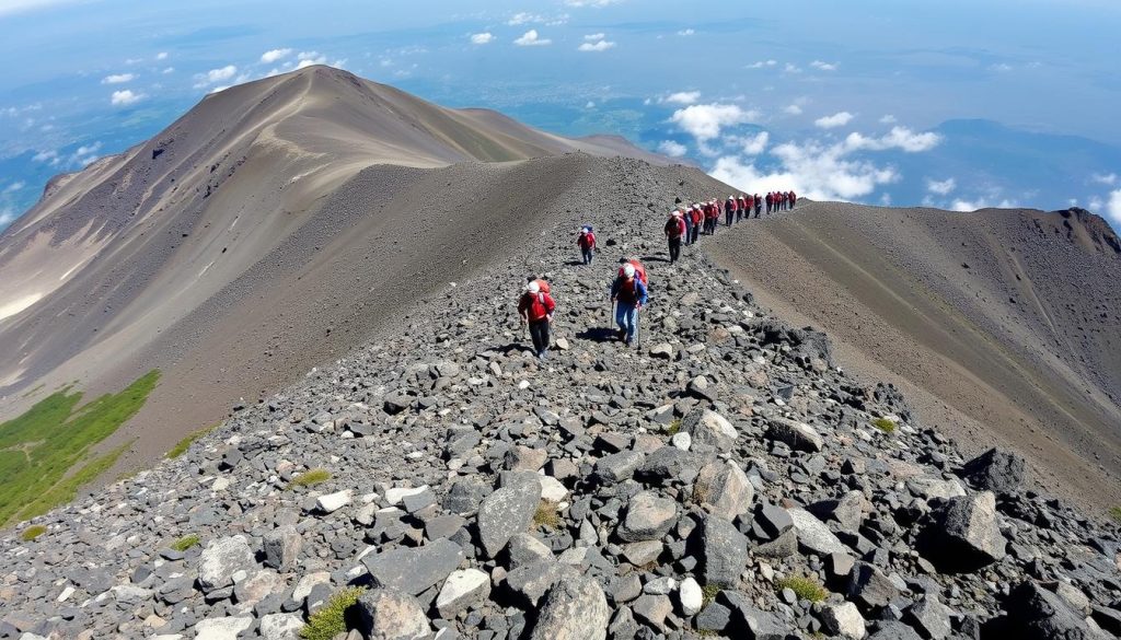 Climbers ascending Mount Kilimanjaro with guides, showing the physical effort required on steep terrain