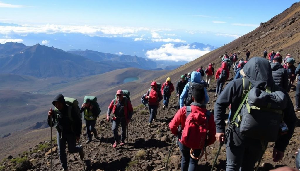 Climbers ascending Mt Kilimanjaro along the Machame Route with porters carrying equipment