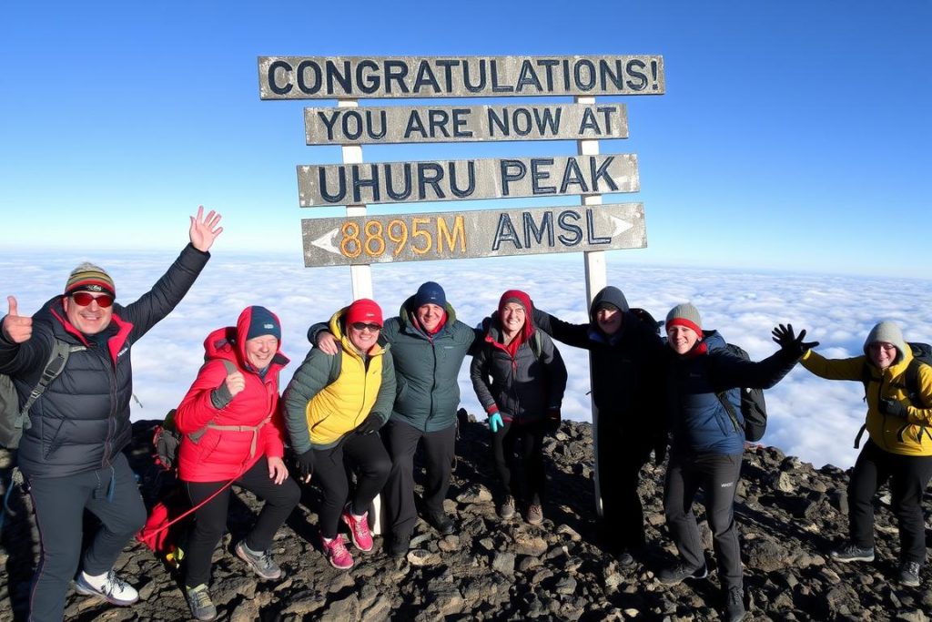 Climbers celebrating at Uhuru Peak, the summit of Mount Kilimanjaro after a successful climb