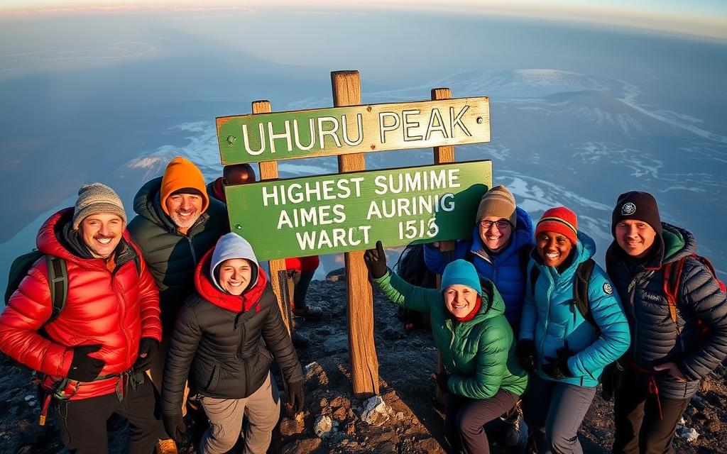Climbers celebrating at the Uhuru Peak summit sign on Mt Kilimanjaro