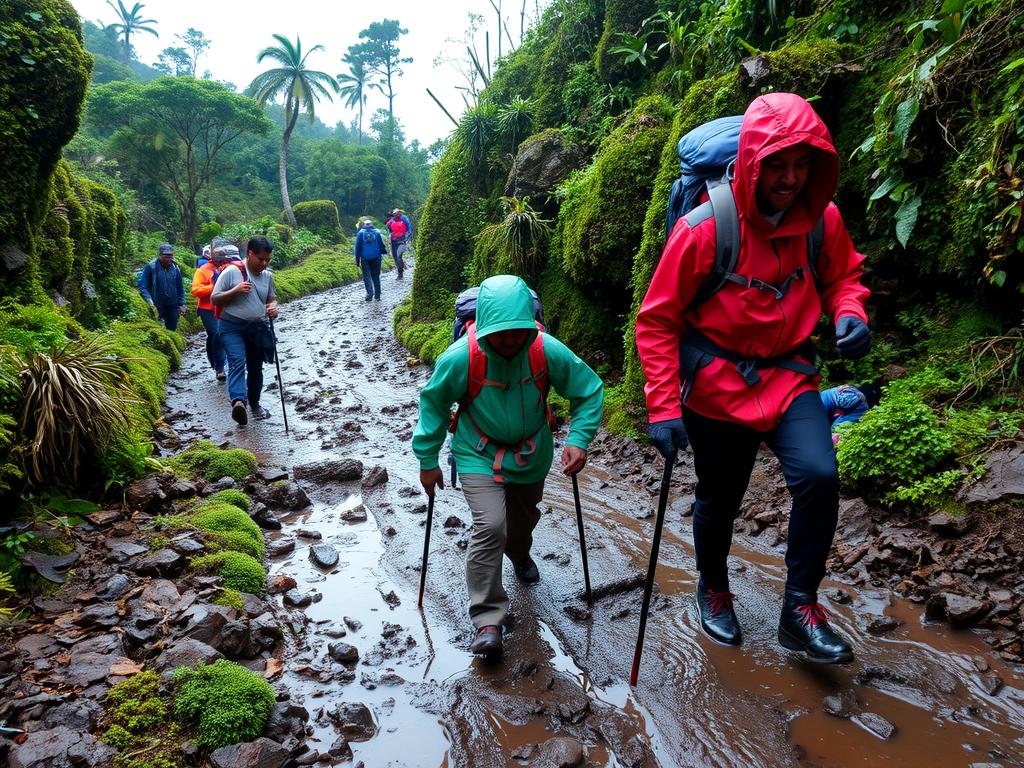 Climbers navigating muddy trails during rainy season on Mount Kilimanjaro