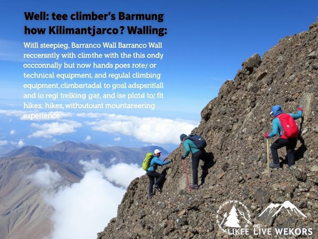 Climbers on Kilimanjaro's Barranco Wall showing the non-technical nature of the climb requiring basic scrambling