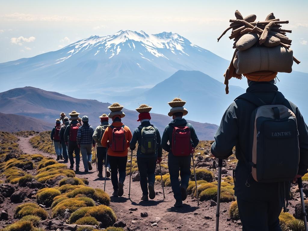 Climbers on Kilimanjaro's Machame Route with porters carrying equipment
