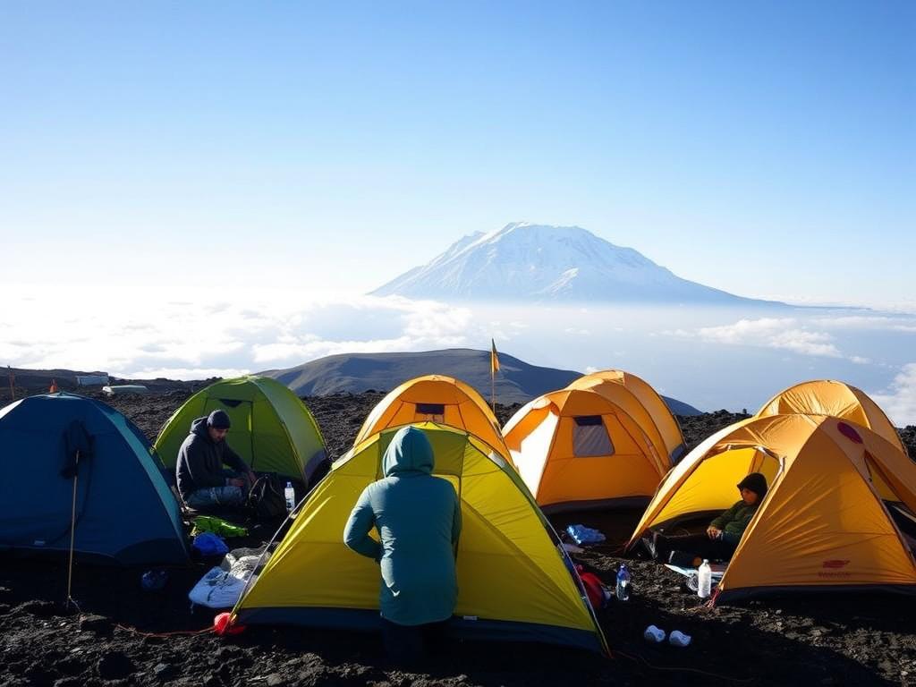Climbers resting at a high-altitude camp on Mt Kilimanjaro during acclimatization