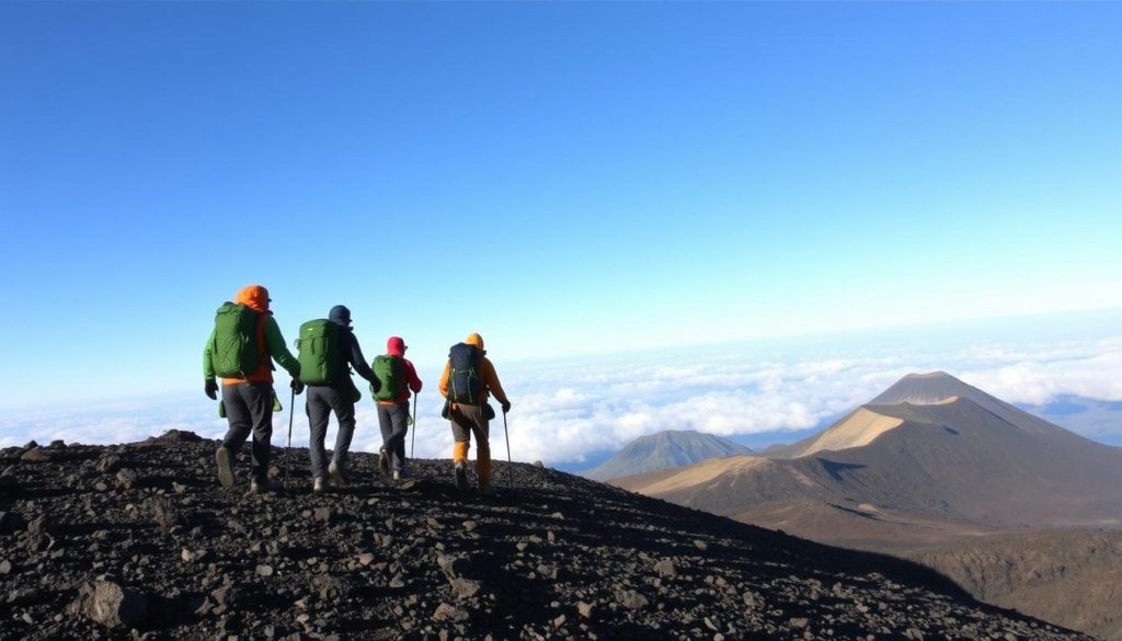 Climbers slowly ascending Kilimanjaro with guides demonstrating proper pacing for altitude acclimatization