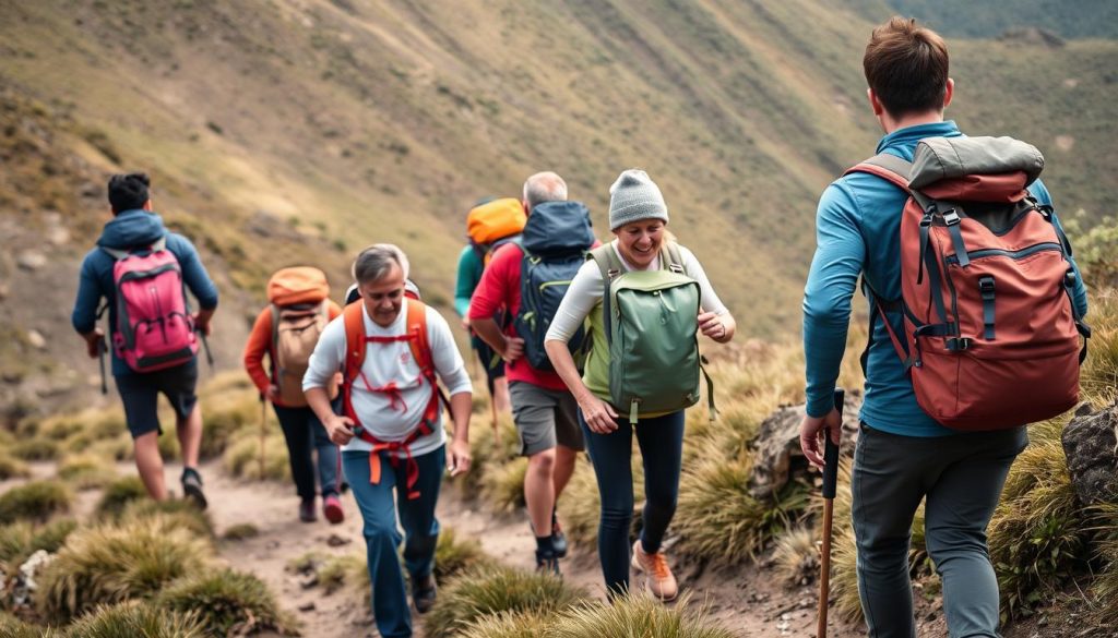 Climbers training with backpacks on a steep trail in preparation for Mt Kilimanjaro