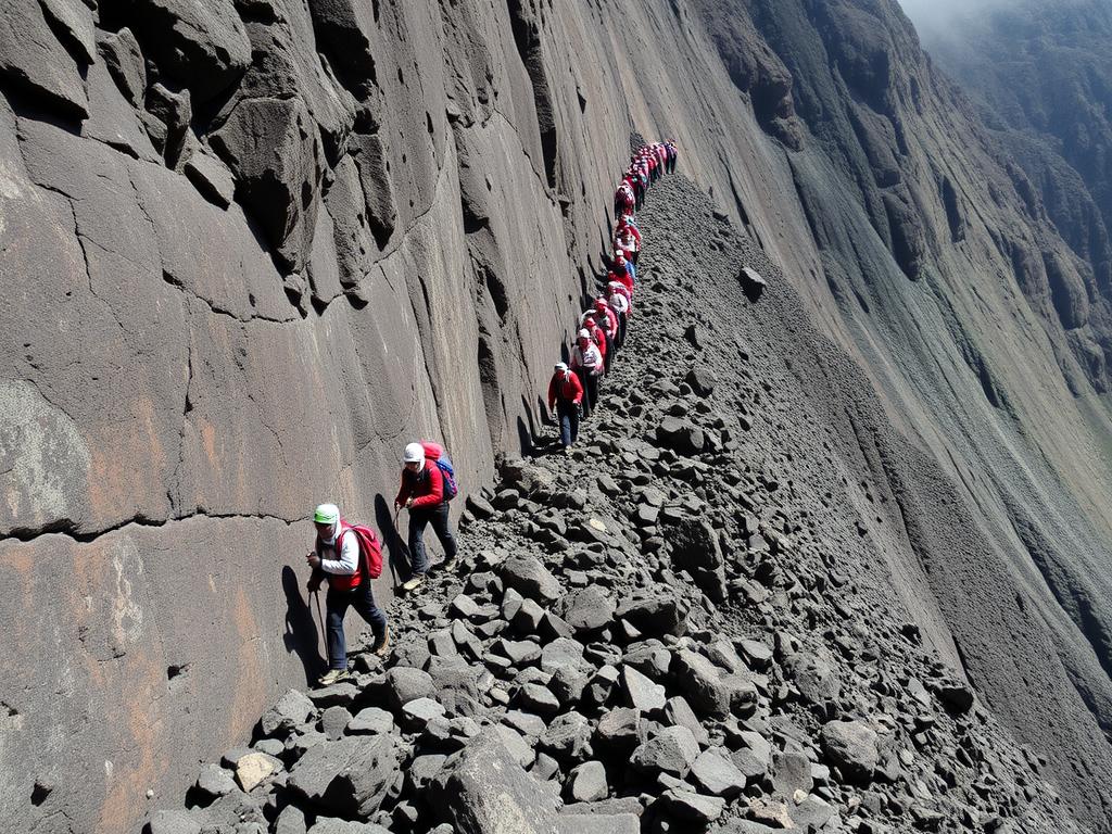 Climbers traversing the Barranco Wall on Mount Kilimanjaro