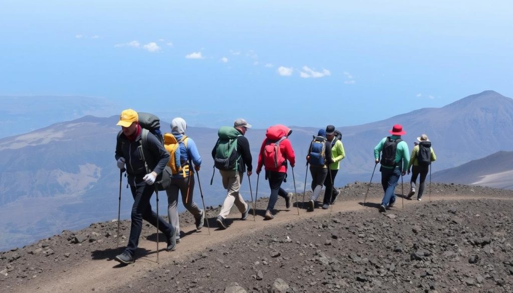 Climbers walking slowly up Mount Kilimanjaro practicing 'pole pole' pace