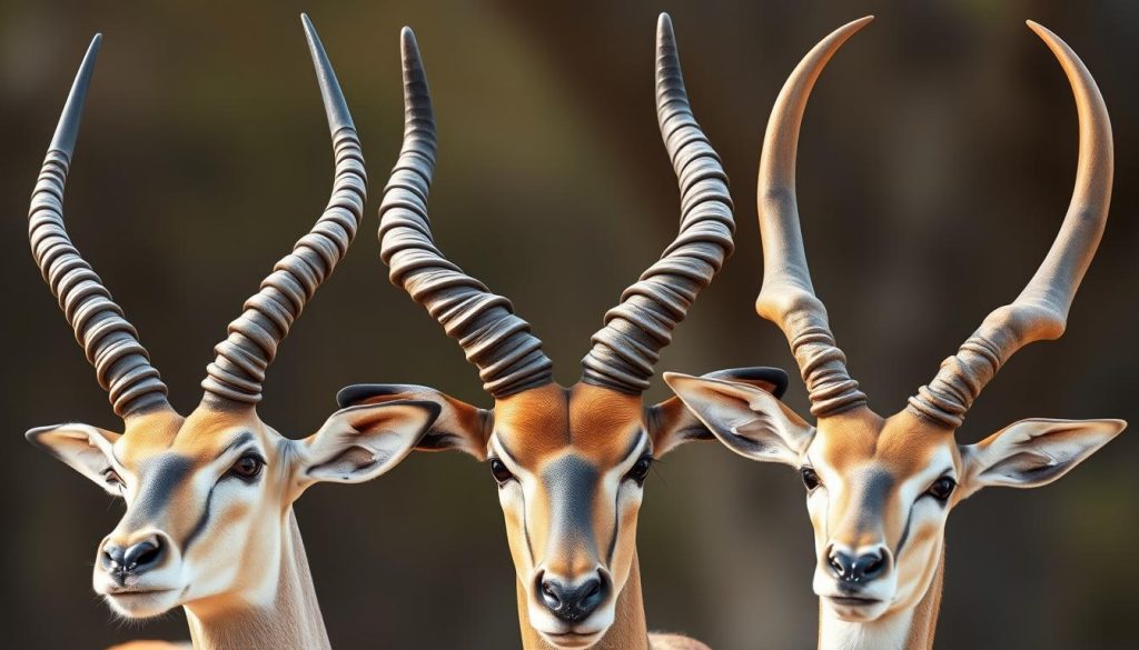 Close-up comparison of horn shapes between gazelle vs antelope vs impala species
