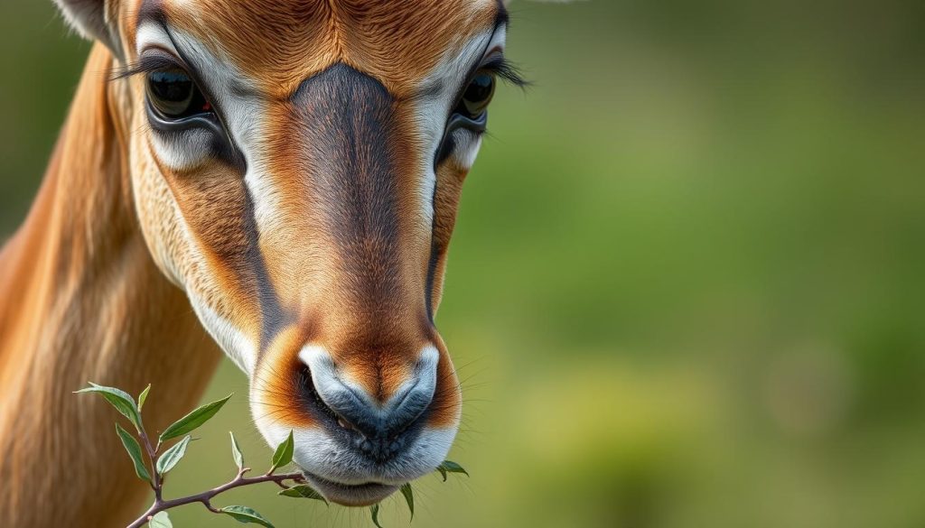 Close-up of a gazelle selectively browsing on vegetation