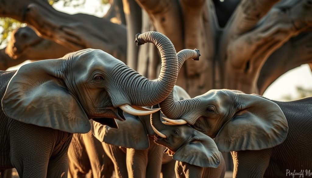 Close-up of elephants interacting near a baobab tree in Tarangire National Park showing their social behavior