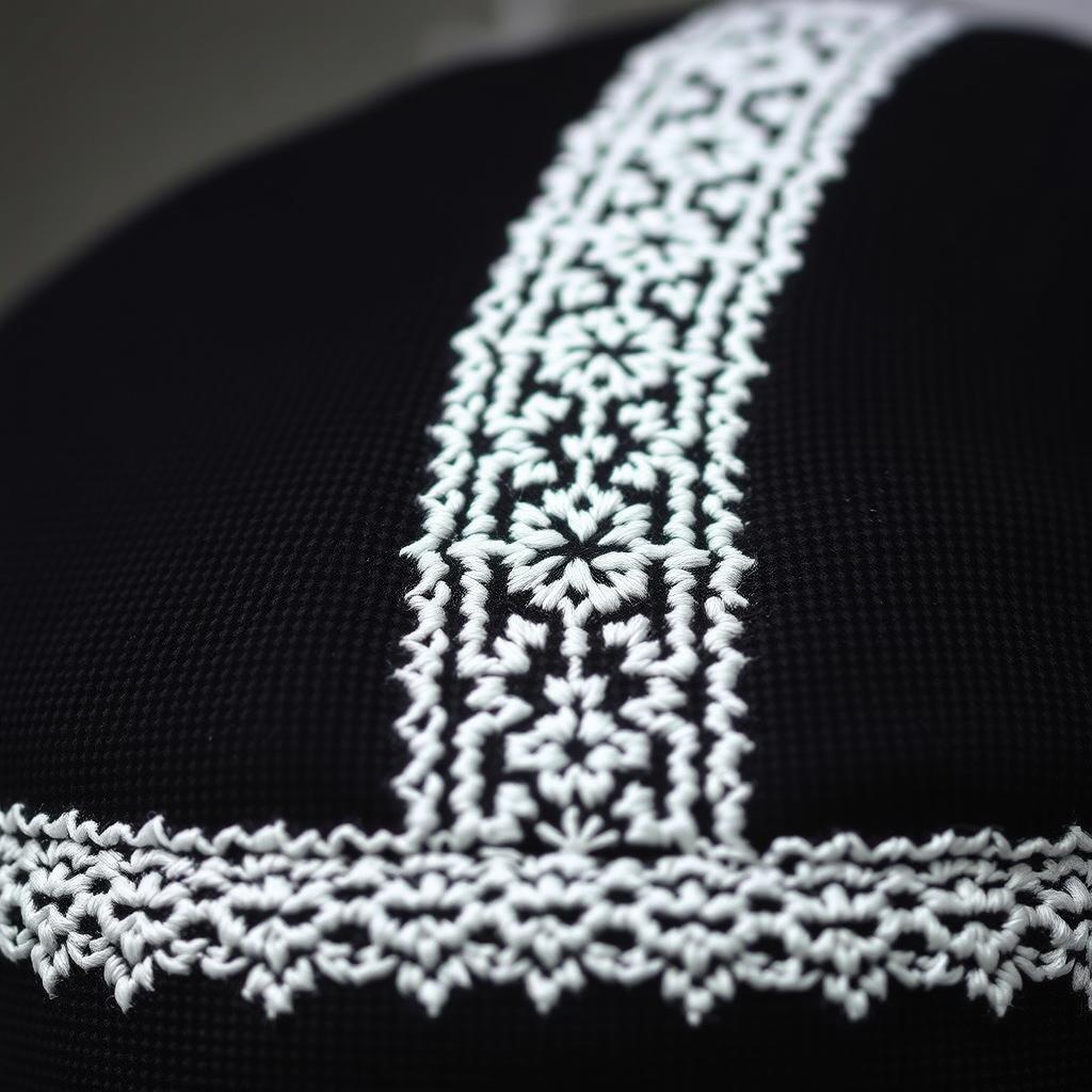 Close-up of intricately embroidered kofia cap worn with Zanzibar traditional clothing
