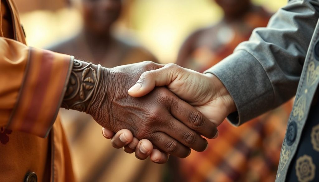 Close-up of traditional Tanzanian handshake between elder and younger person