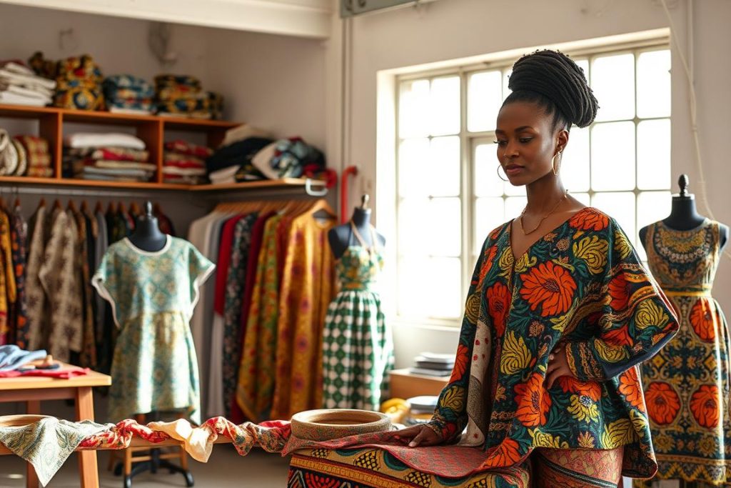 Contemporary fashion designer creating modern clothing with traditional Zanzibar fabrics