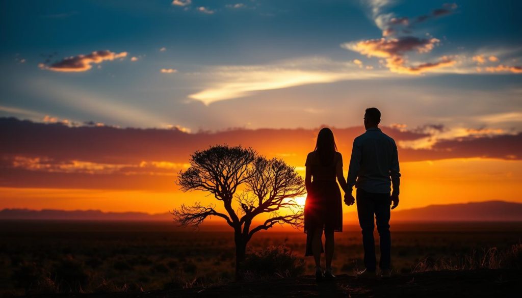 Couple watching sunset during Tanzania honeymoon safari
