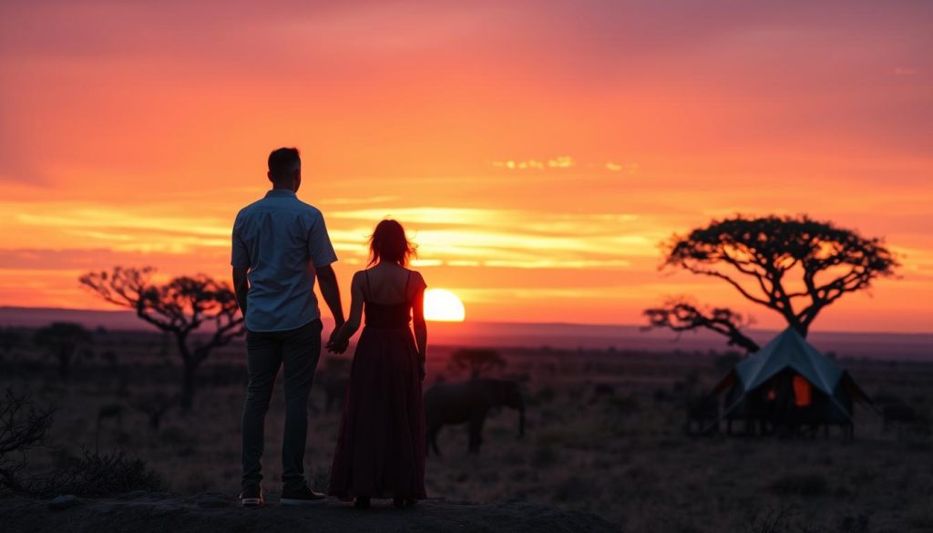 Couple watching sunset over the Serengeti plains during their Tanzania honeymoon safari
