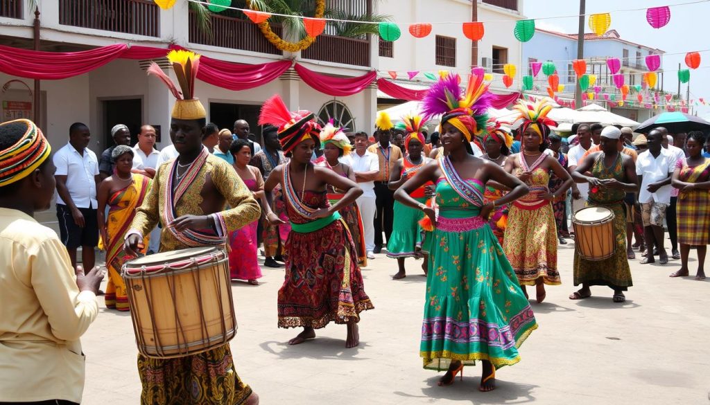 Cultural festival in Zanzibar showing traditional dancers in colorful attire
