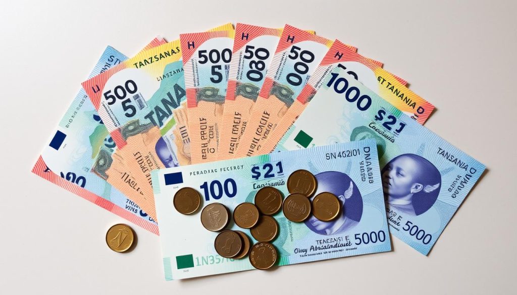 Current Tanzanian shilling banknotes and coins showing different denominations of Tanzania currency