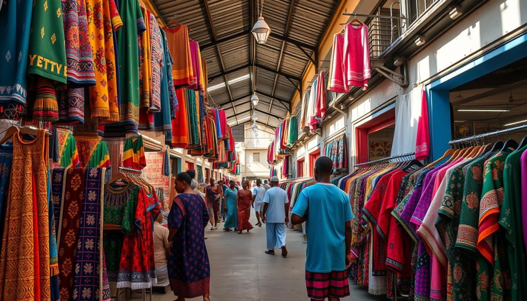 Darajani Market in Stone Town showing vendors selling Zanzibar traditional clothing