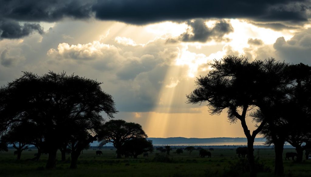 Dark clouds gathering over the Serengeti plains during Tanzania rainy season with acacia trees silhouetted against dramatic sky