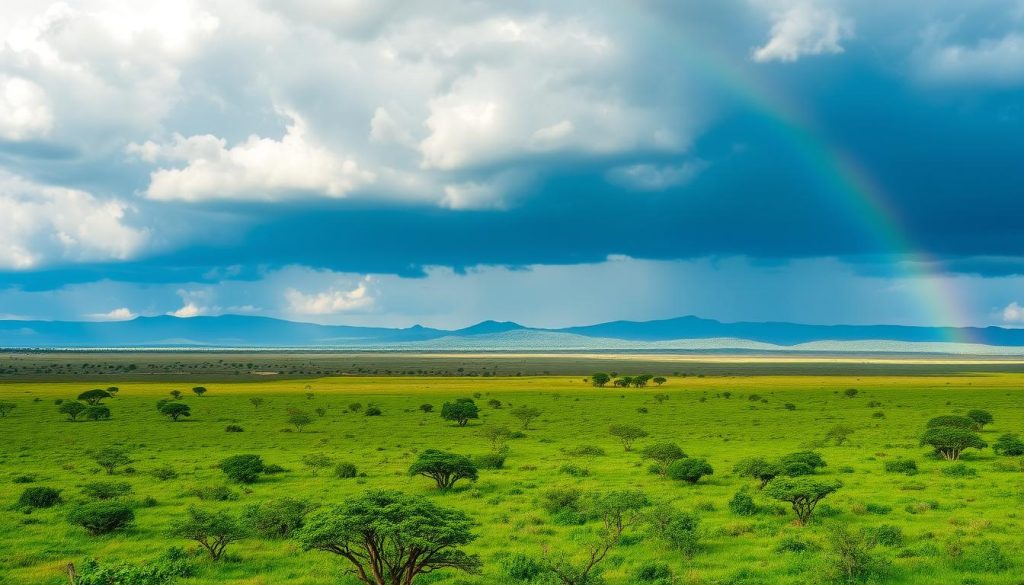 December safari landscape in Tanzania with green vegetation