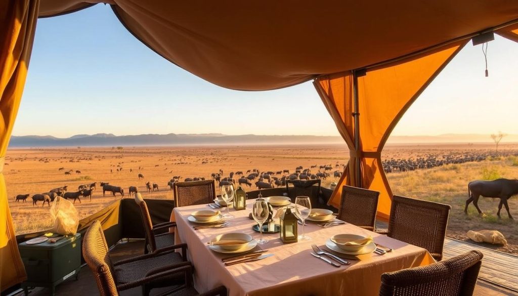 Dining area at a Tanzania mobile safari camp with migration views