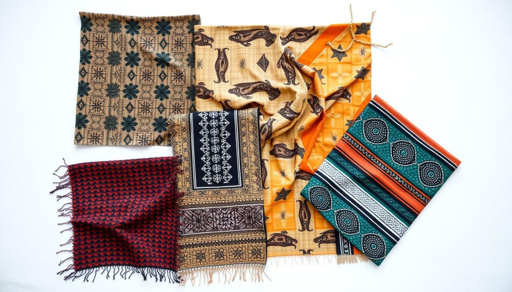 Display of various Zanzibar traditional clothing fabrics showing different patterns and materials