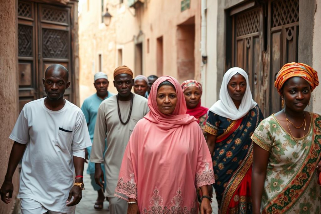 Diverse group of Zanzibari people in traditional clothing walking through the streets of Stone Town, showcasing the island's cultural diversity